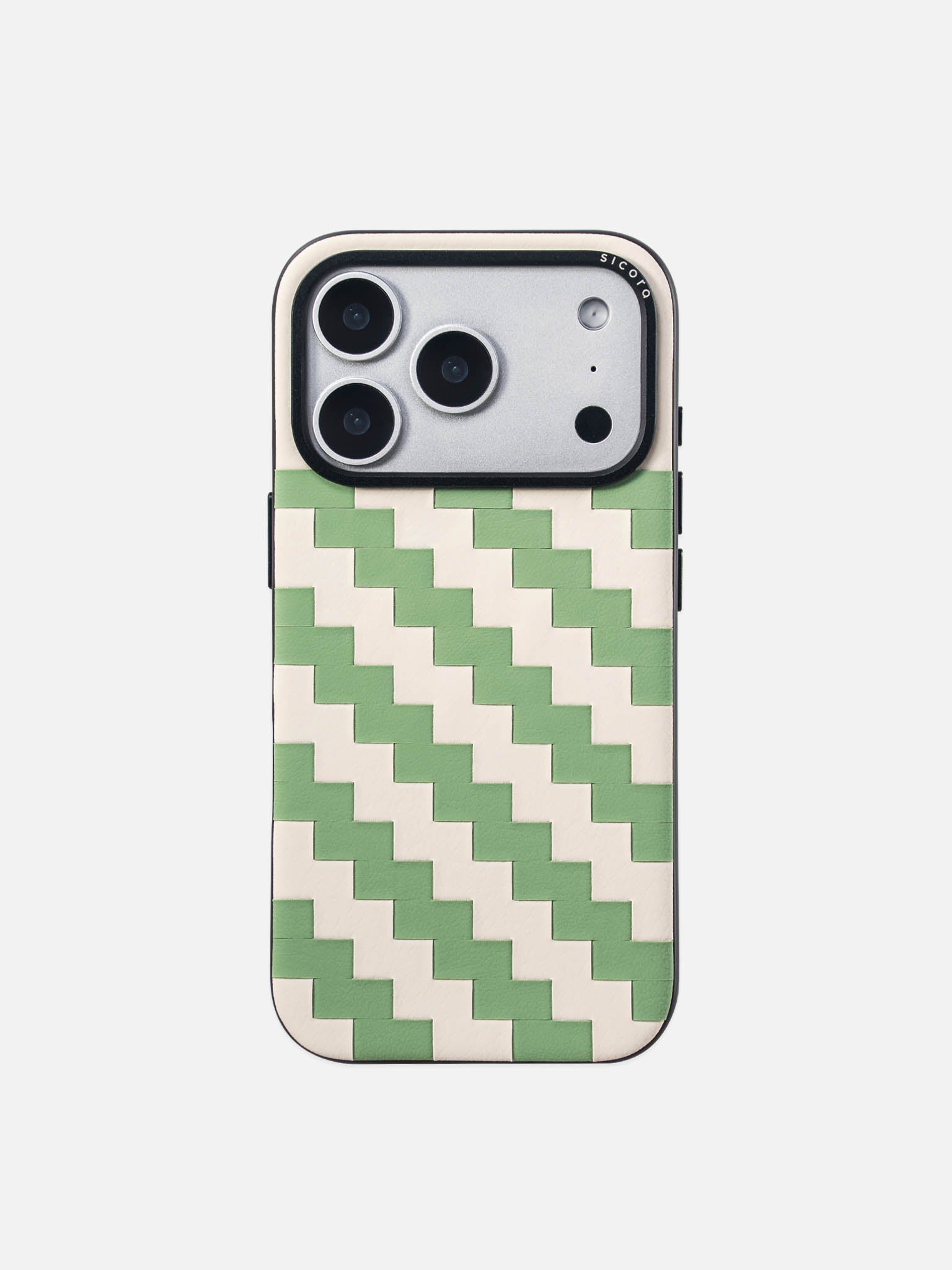 Sicora zigzag phone case with avocado green and cream white zigzag pattern