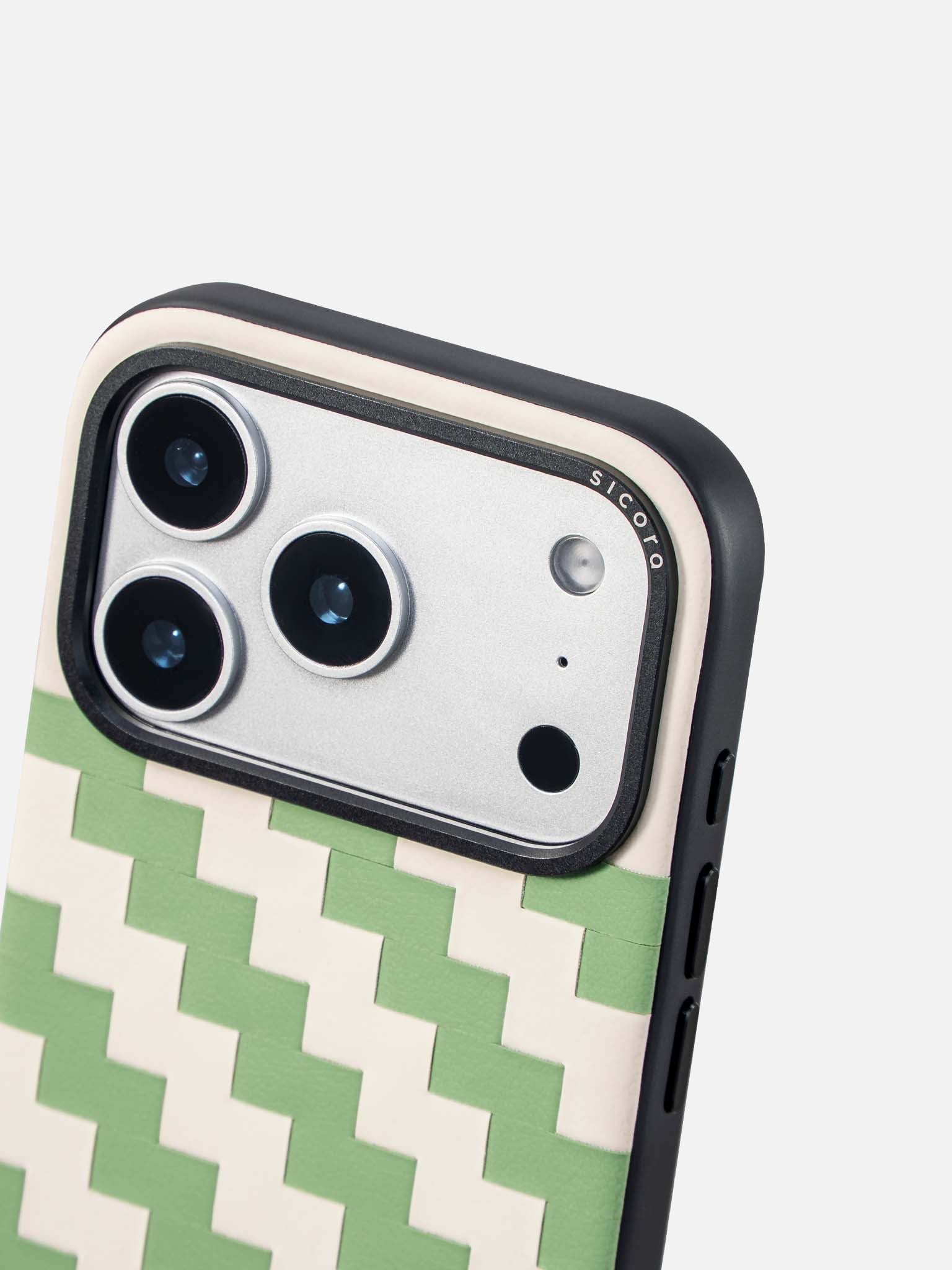 Sicora zigzag phone case with avocado green and cream white zigzag pattern