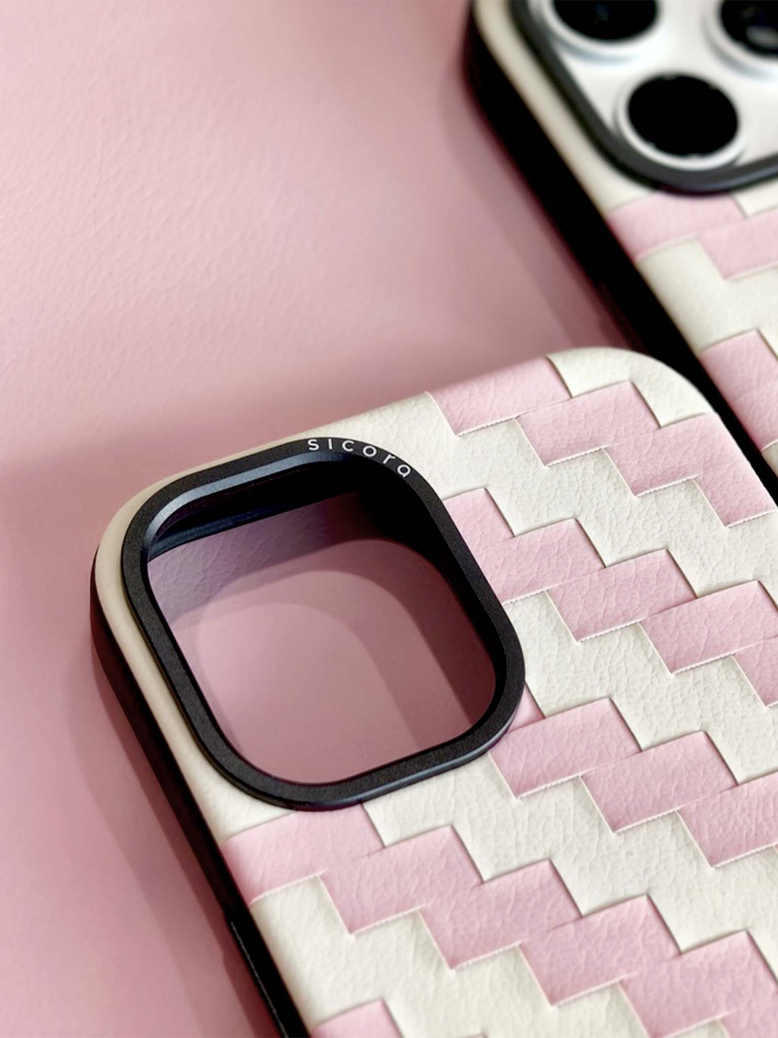 sicora phone case with pink and white zigzag woven pattern