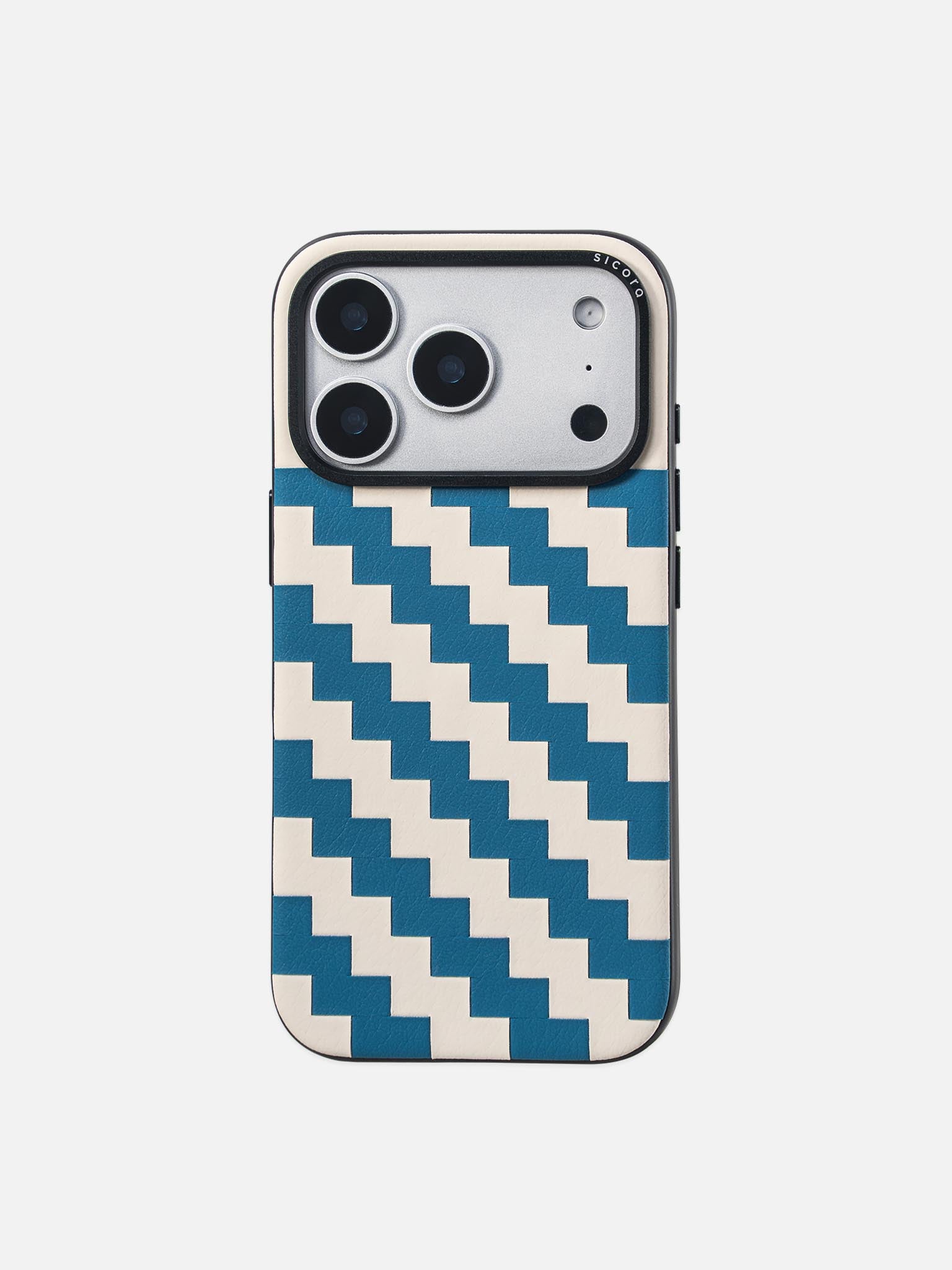 Sicora zigzag phone case with sea blue and cream white zigzag pattern