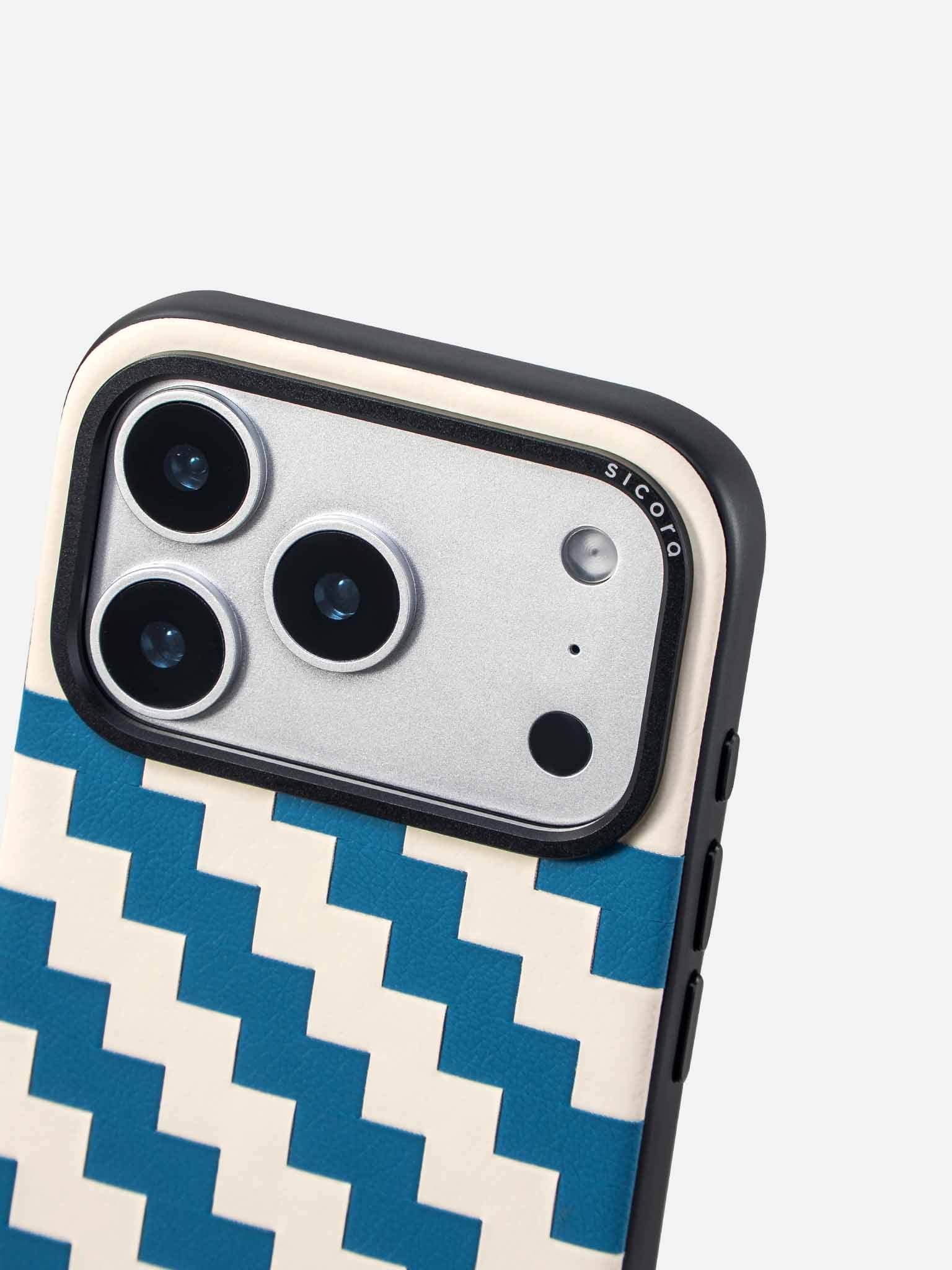 Sicora zigzag phone case with sea blue and cream white zigzag pattern